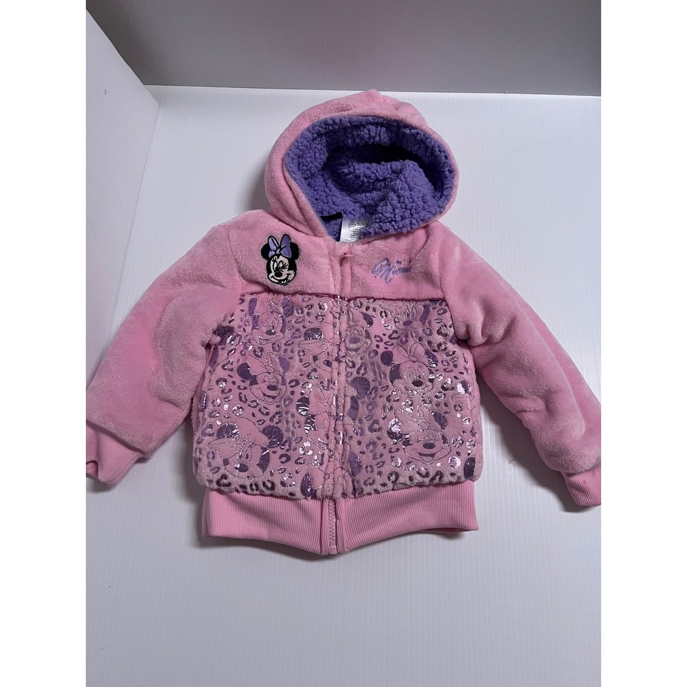 Disney Minnie Mouse Pink Fleece Faux Fur Hoodie Jacket Metallic Leopard 3T
